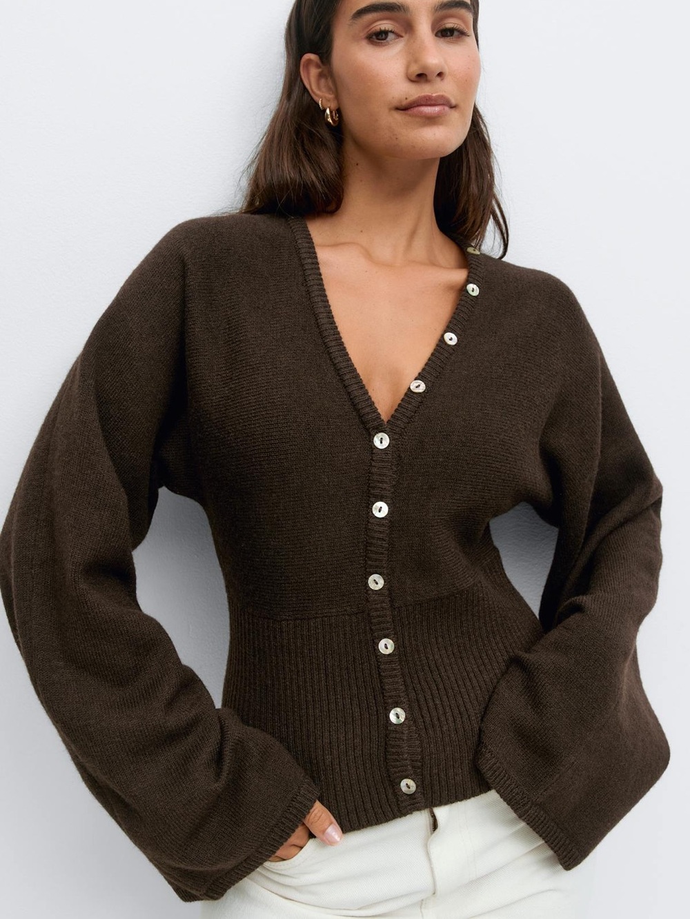 🐻 Zara Dark Brown Button-Up V-neck Cardigan Sweater Corset Design Top 🐻